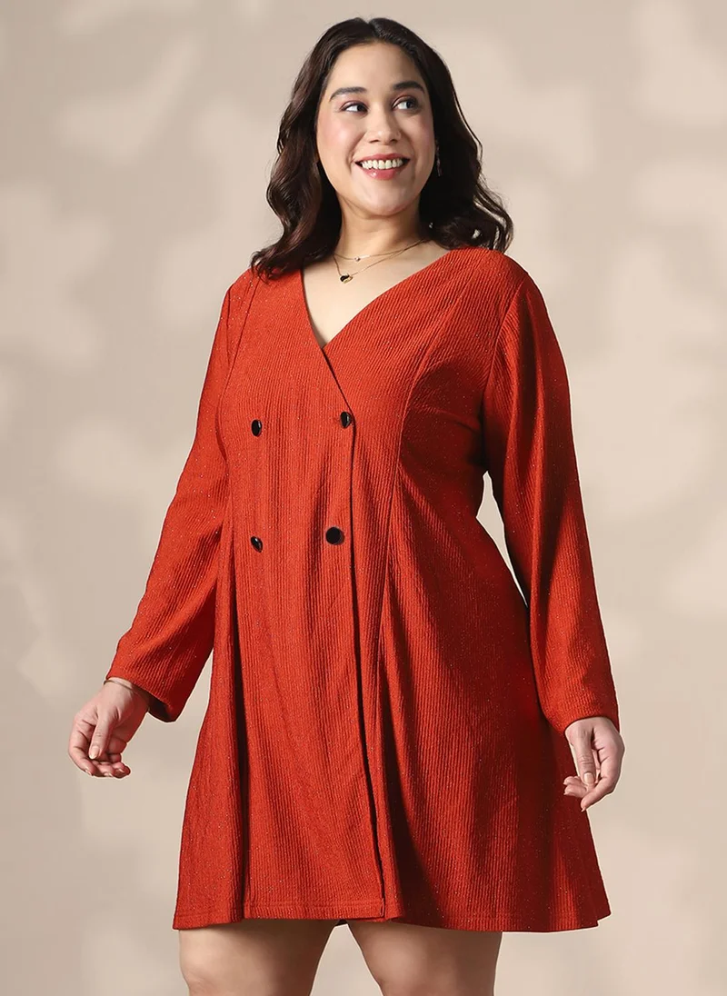 جلو باص Globus Gloplus Maroon Self Design Wrap V-Neck Double Breasted Shimmer A-Line Plus Size Mini Dress